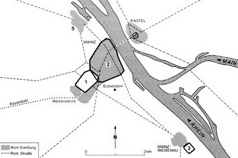 План римского Майнца. 1 — лагерь легиона; 2 — поселение; 3 — лагерь легиона (в Вайзенау); 4 — укрепление (castellum); 5 — поселение с гаванью. 