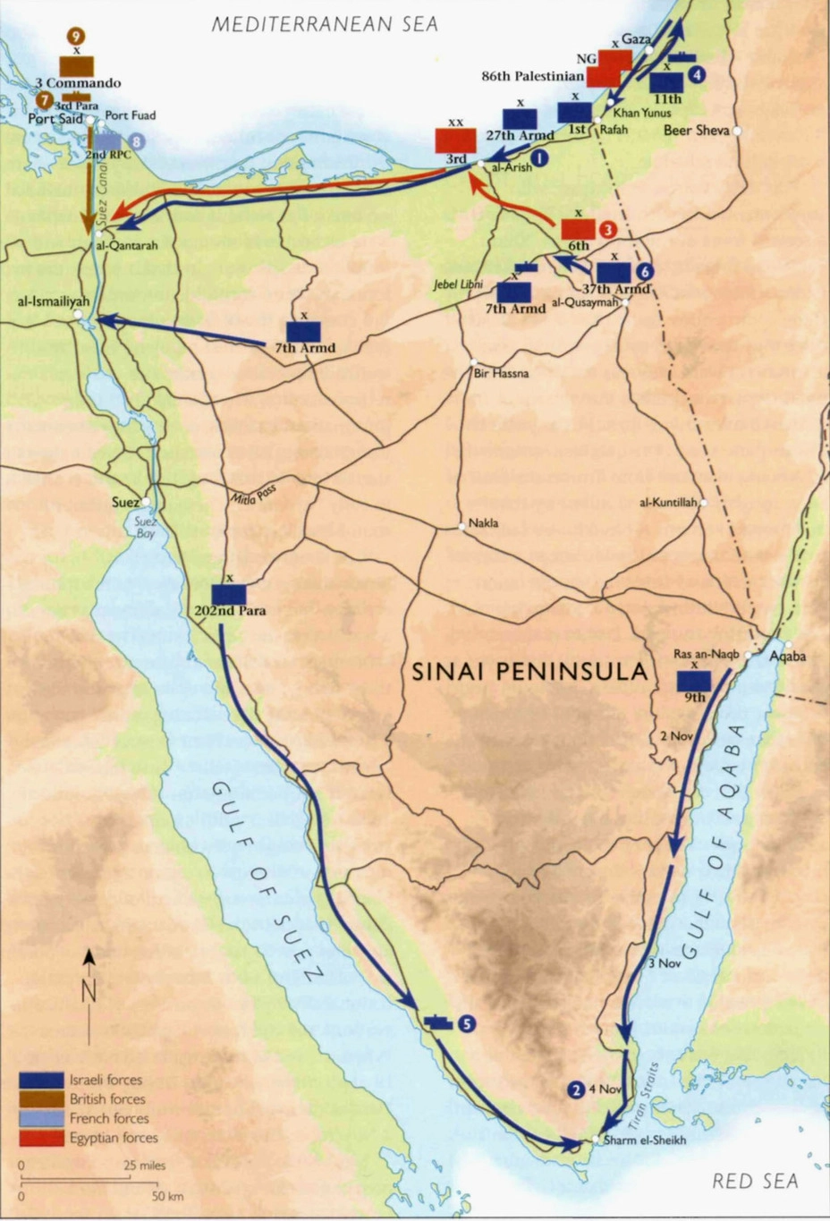 Отвод египетских войск с Синайского полуострова и общий ход боевых действий 2-7 ноября 1956 года 