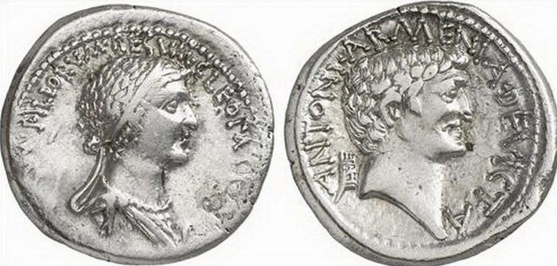 Серебряный денарий 32 года до н.э. с изображением профилей Клеопатры и Антония. 