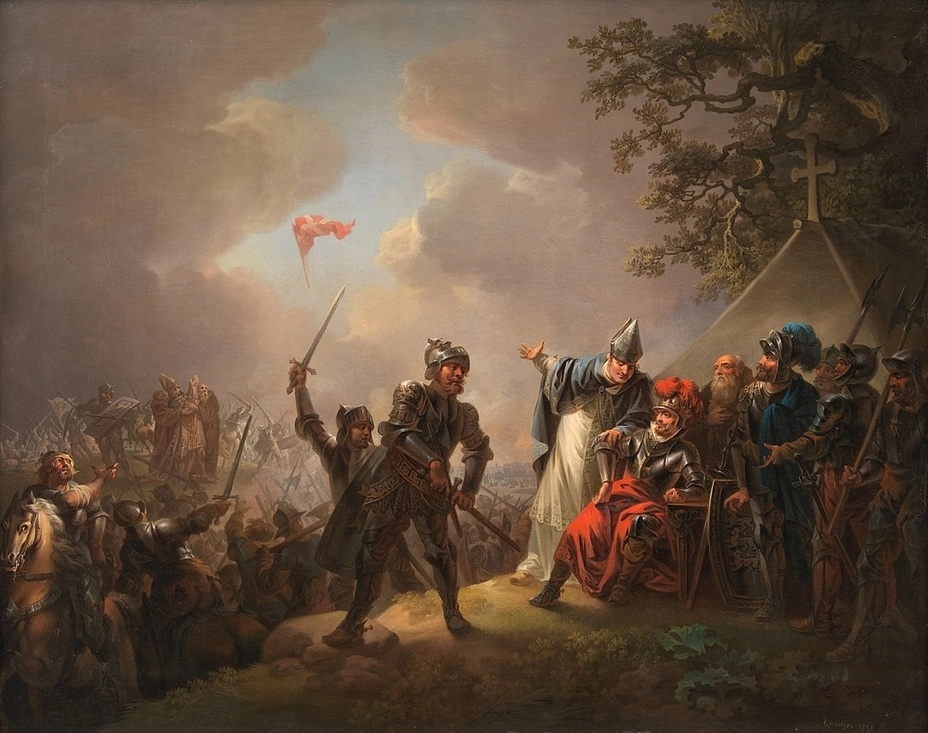 Картина К. Лоренцена, 1809. Даннеброг спускается на землю во время Битвы при Колывани 15 июня 1219 года