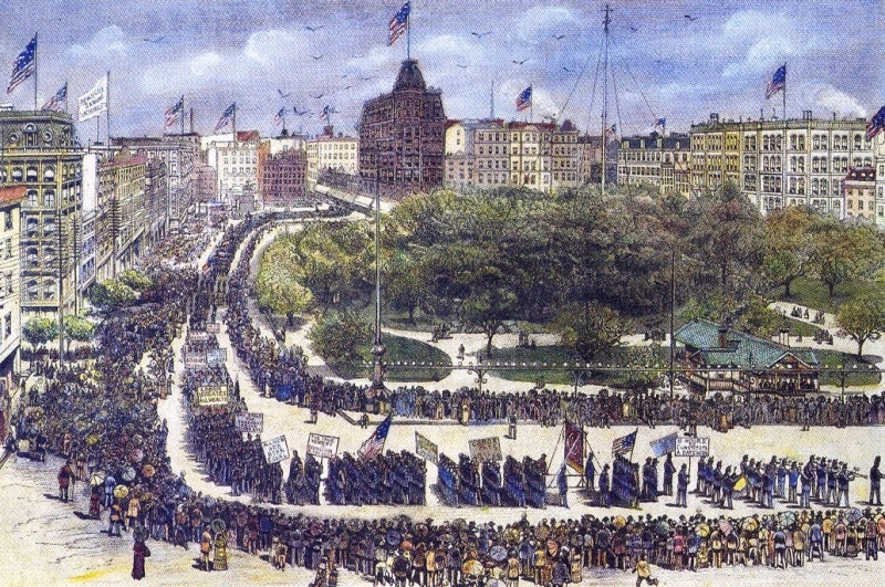 Первый парад в Labor day в Нью-Йорке, 5 сентября 1882 года (извините, не ищутся цветные картинки про 19 век другие)