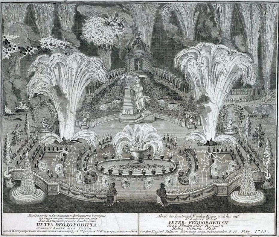 Изображение иллюминации и фейерверка 10 февраля 1745 г. в С.-Петербурге в день рождения вел. кн. Петра Федоровича (гравюря И.А. Соколова)