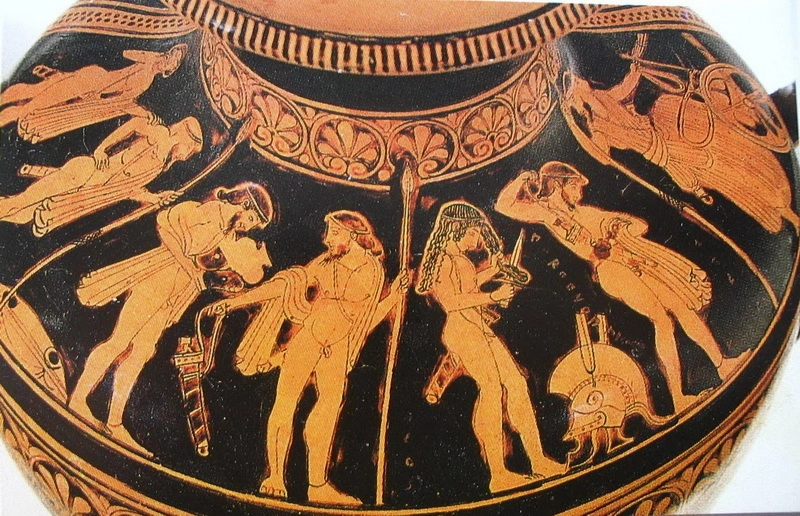 Сборы в поход. Роспись краснофигурной амфоры, 500 год до н.э. Национальный музей археологии, Афины.