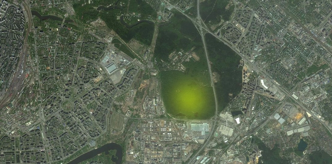 «Лес жары» на спутниковом снимке современной Москвы (подсвечен желтым)