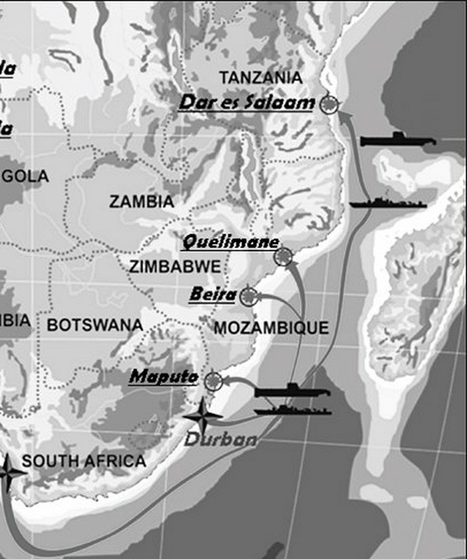Карта рейдов южноафриканского спецназа на восточное побережье Африки, 1970–1980-е годы. 