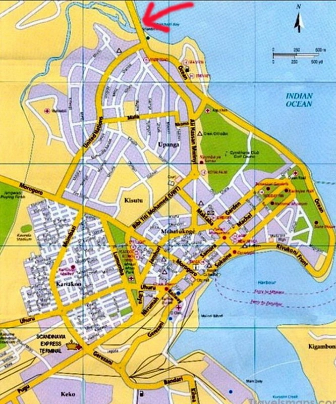 Карта Дар-эс-Салама в 1970-х годах. Стрелкой указан мост Селандар — главная цель рейда.