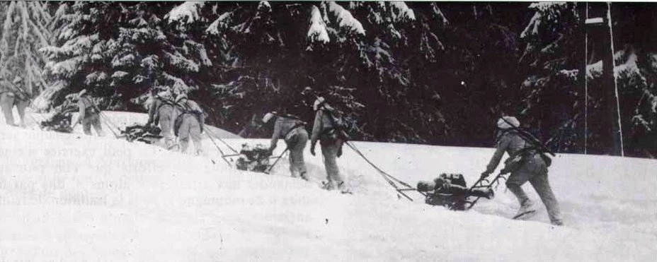 Альпийские стрелки перевозят на санях разобранное горное артиллерийское орудие, 1913 год.