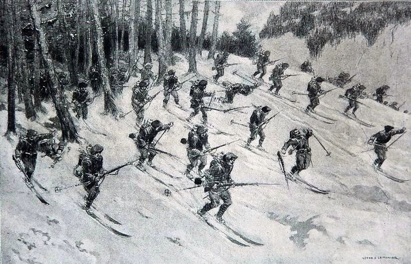 Атака альпийских стрелков на лыжах. Журнал L'Illustration, сентябрь 1915 года.