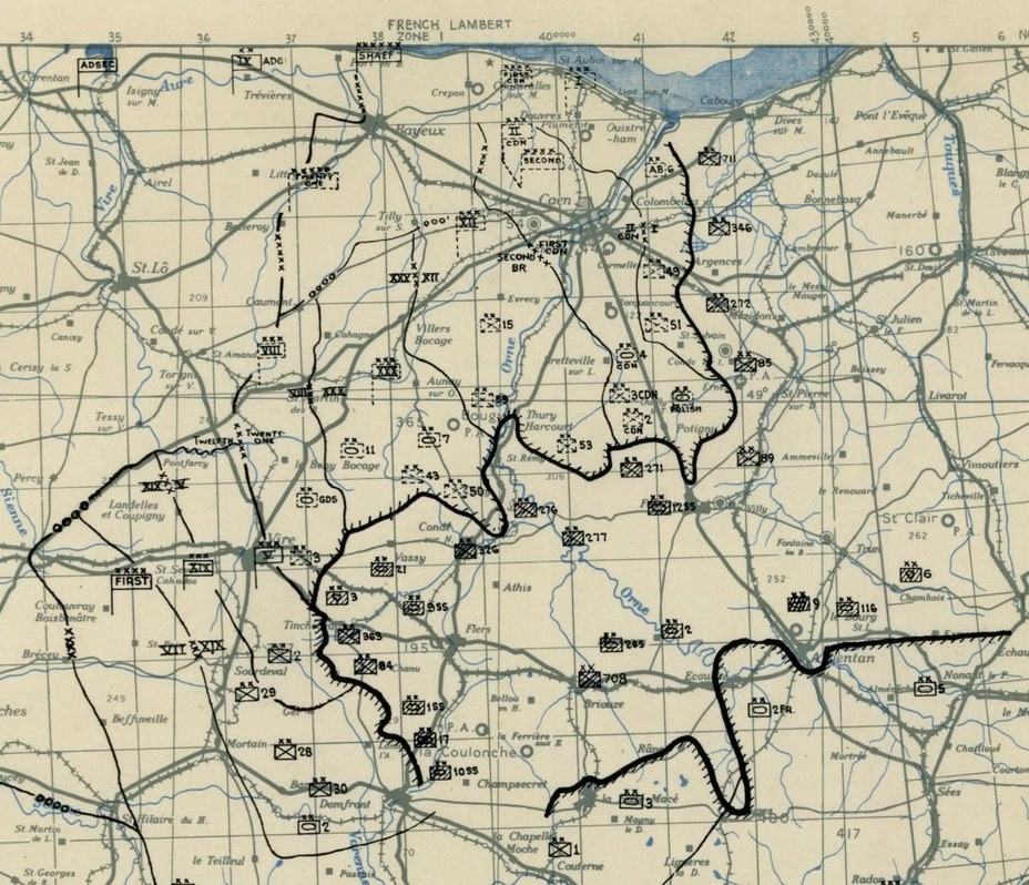 Схема продвижения союзных дивизий в Нормандии 15 августа 1944 года. Фото предоставлено Е. Музальковым.