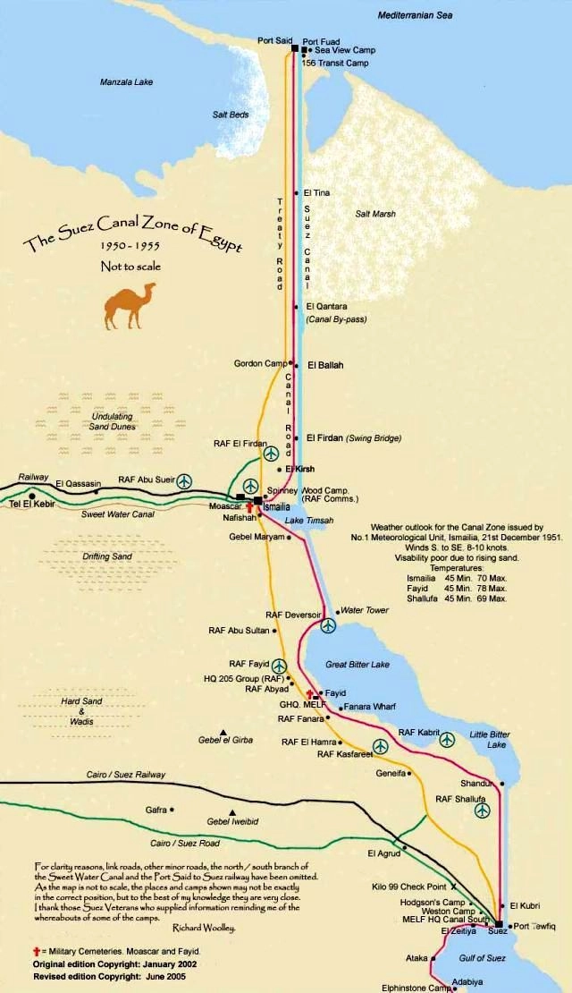 Карта британского присутствия в зоне Суэцкого канала, начало 1950-х годов