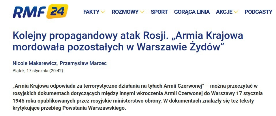 Скан rmf24.pl «Очередная пропагандистская атака России. «АК убивала оставшихся в Варшаве евреев»