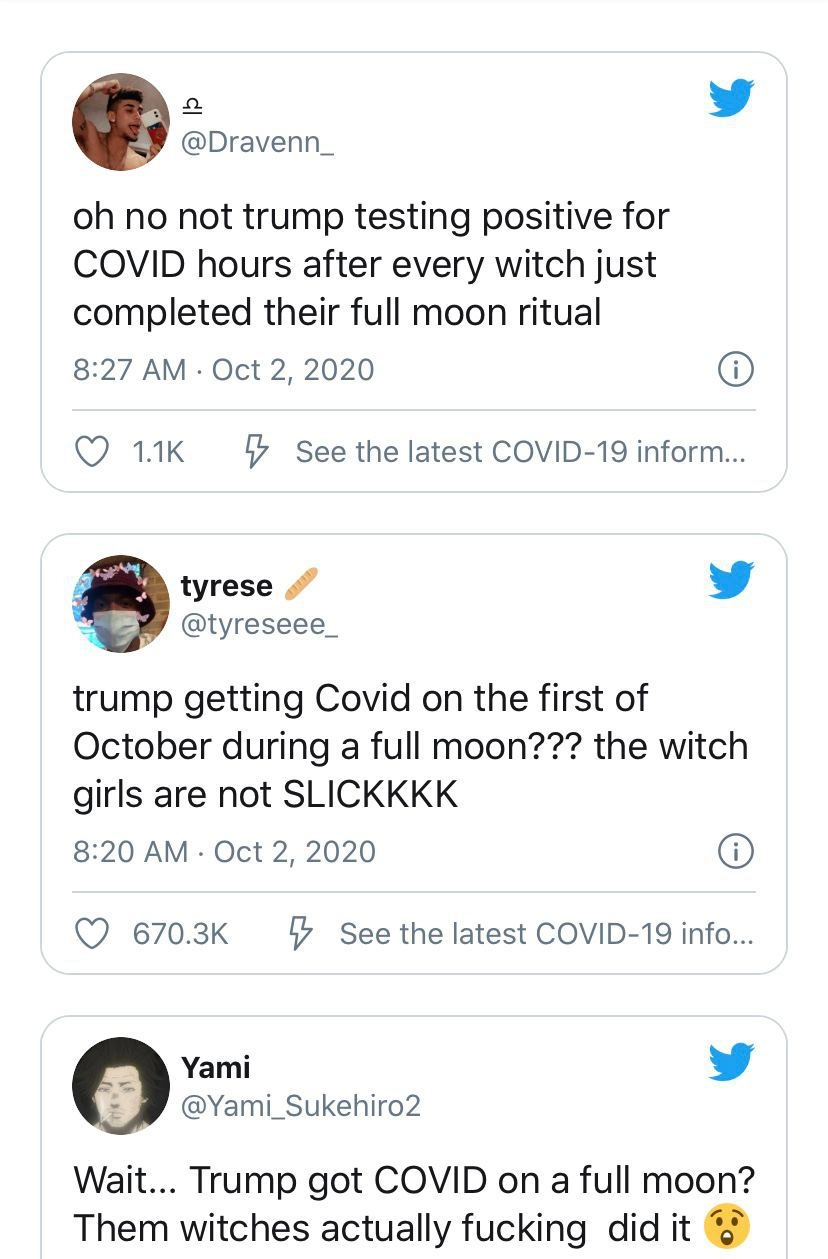 "О нет, Трамп получил позитивный тест на COVID через несколько часов после ритуала на полнолуние. - Ведьмы молодцы, не зевают. - Ведьмы таки сделали это, черт побери!" "О нет, Трамп получил позитивный тест на COVID через несколько часов после ритуала на полнолуние. - Ведьмы молодцы, не зевают. - Ведьмы таки сделали это, черт побери!"