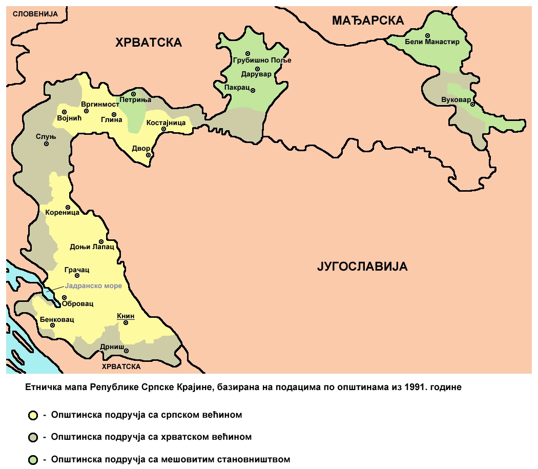 Сербская Краина была сформирована в местах компактного проживания этнических сербов в 1991 году и состояла из трёх никак несвязанных между собой эксклавов: Далмации (со столицей в городе Книн), Западной Славонии (Славонский Брод), и Восточной Славонии (Вуковар).