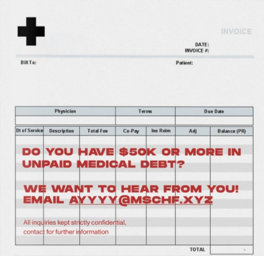 "У тебя есть неоплаченные врачебные счета на 50 тысяч долларов или больше? Мы хотим о тебе услышать!"