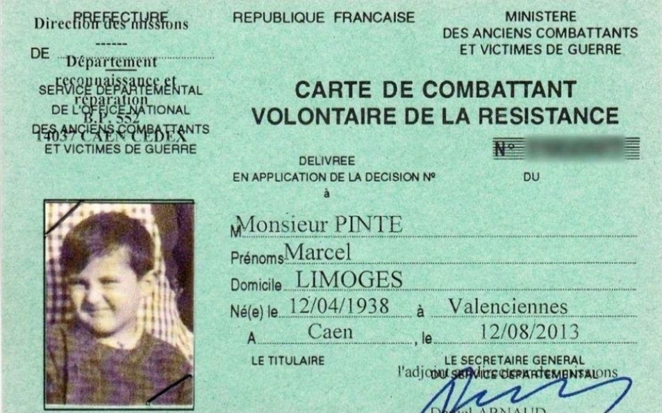 Карточка Марселя Пинте из архива министерства по делам ветеранов Франции