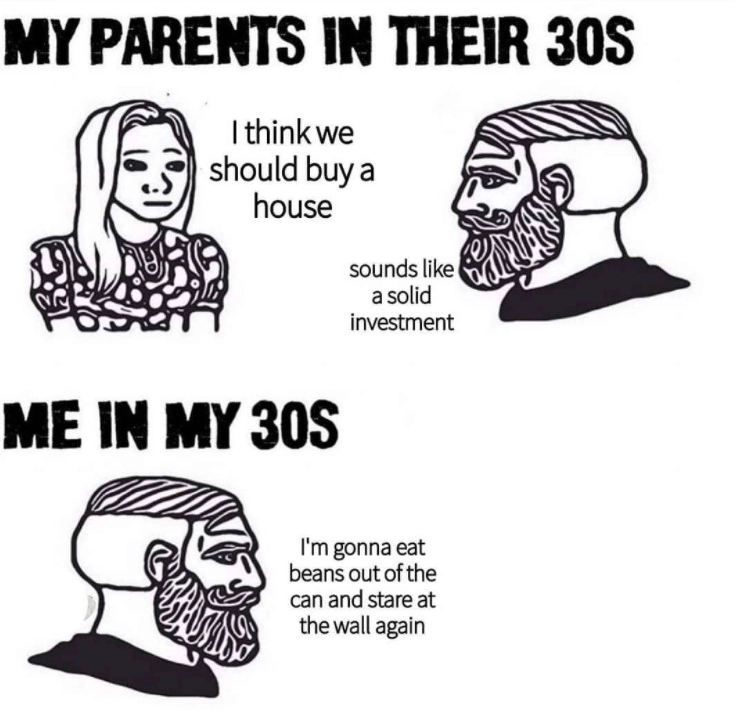 Мои родители в 30 лет: — Думаю, нам стоит купить дом. — Звучит как хорошее вложение. Я в 30 лет: — Я снова собираюсь есть консервированную фасоль из банки, смотря в стену. Мои родители в 30 лет: — Думаю, нам стоит купить дом. — Звучит как хорошее вложение. Я в 30 лет: — Я снова собираюсь есть консервированную фасоль из банки, смотря в стену.