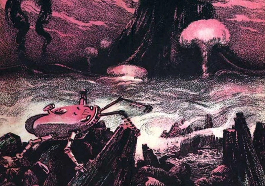 Земной транспортёр «Мальчик» на Венере. Иллюстрация И. Ильинского к научно-фантастическому роману А. и Б. Стругацких «Страна багровых туч» (1959) Земной транспортёр «Мальчик» на Венере. Иллюстрация И. Ильинского к научно-фантастическому роману А. и Б. Стругацких «Страна багровых туч» (1959)