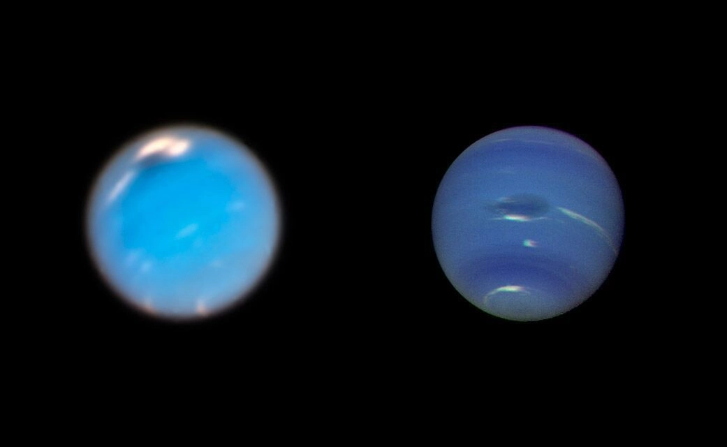 Слева — темное пятно Нептуна на снимке телескопа Hubble, 2018 год. Справа — фотография 1989 года