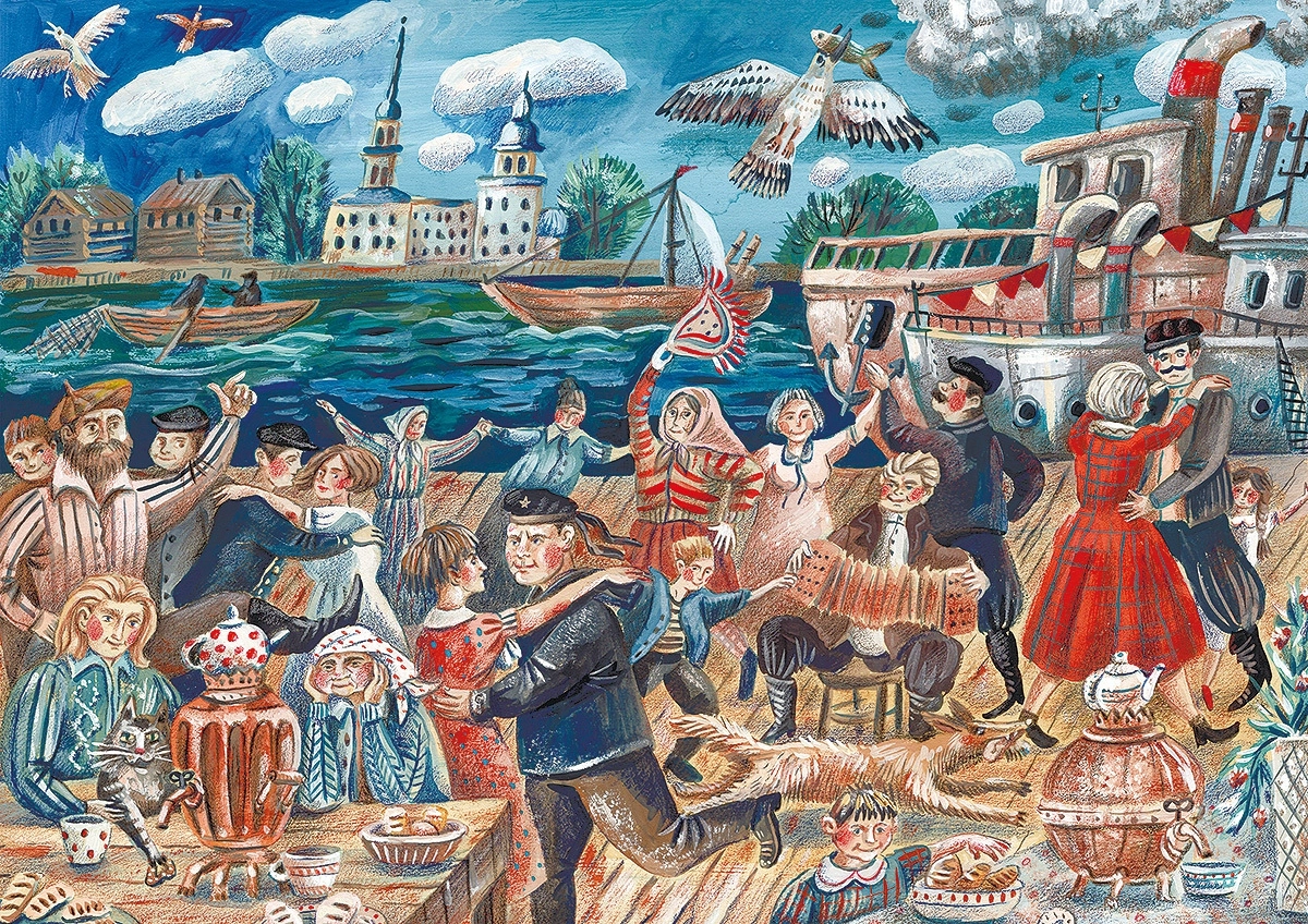 Крохинская кадриль на берегу Шексны. Иллюстрация создана специально для календаря «Сказки Крохинских болот»