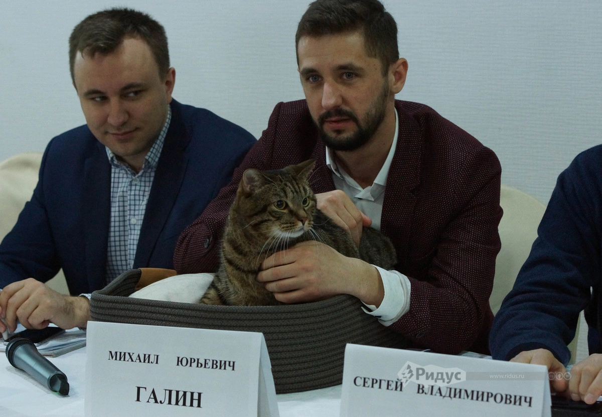 Кот Виктор со своим хозяином Михаилом Галиным на пресс-конференции