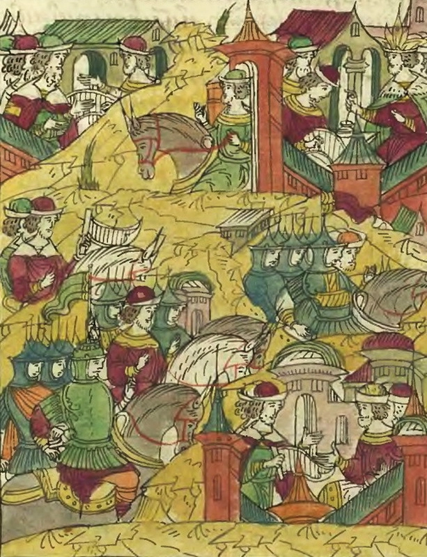 Иван Грозный наказывает отправить письмо с мирными предложениями магистру Ордена. Миниатюра из Лицевого свода