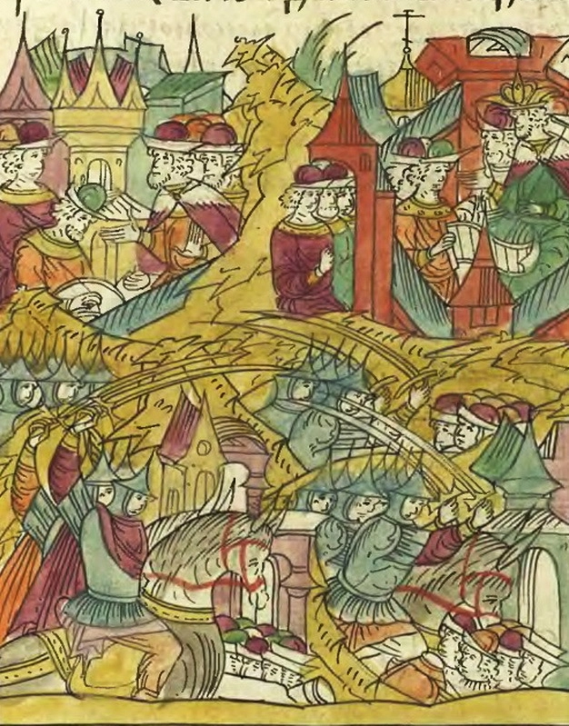 Начало вторжения рати князя С.И. Микулинского в Ливонию. Миниатюра из Лицевого свода