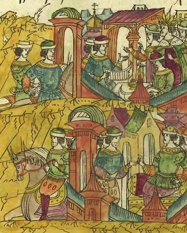 Гонец от датского короля получает от Ивана Грозного опасную грамоту для королевских послов. Миниатюра из Лицевого свода