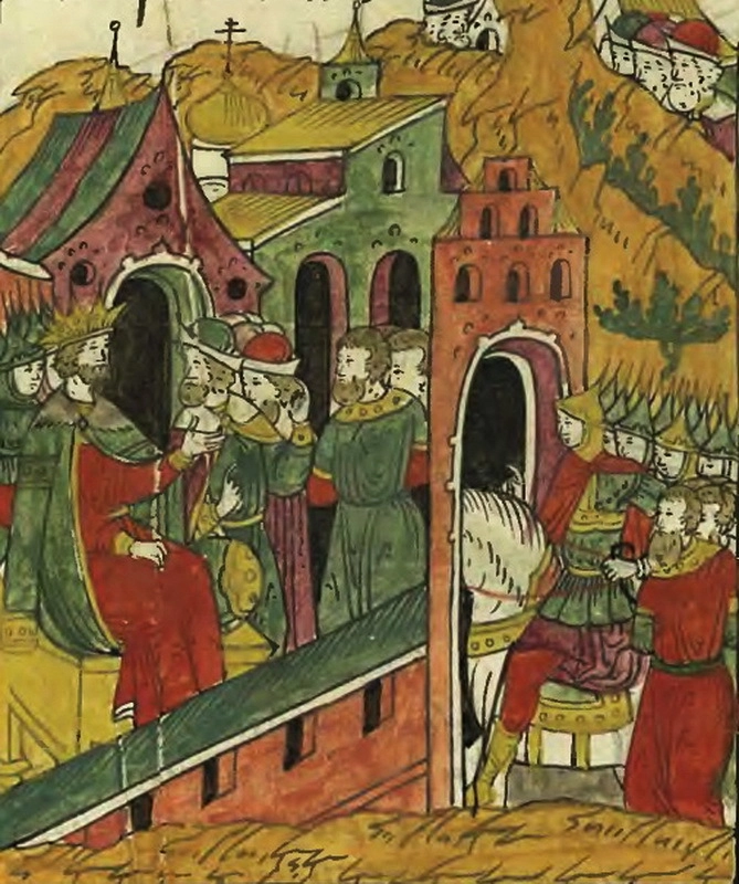 Допрос немецких языков в Юрьеве. Миниатюра из Лицевого летописного свода