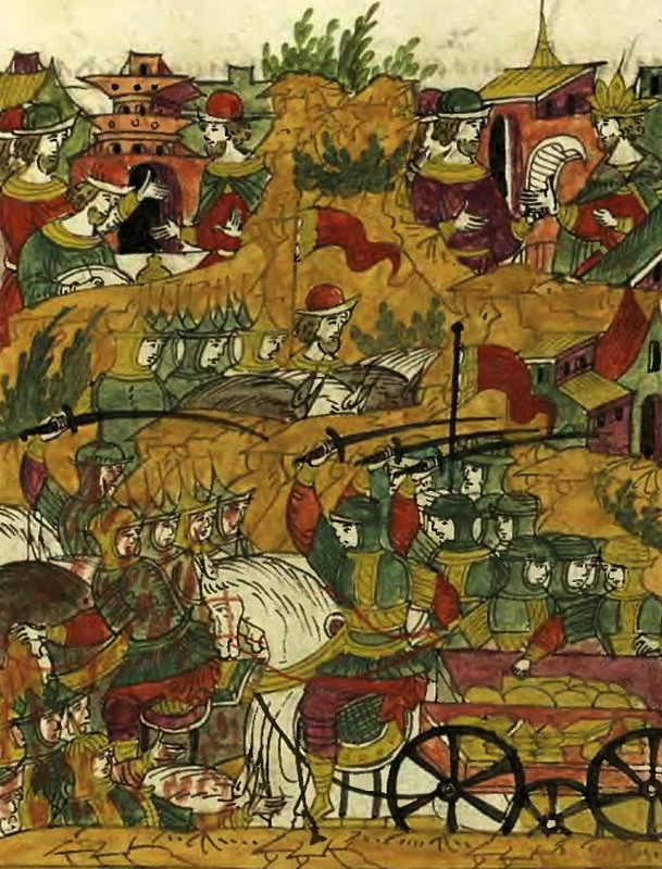 Поражение воеводы Захарьи Плещеева и захват ливонцами его обоза. Миниатюра из Лицевого летописного свода