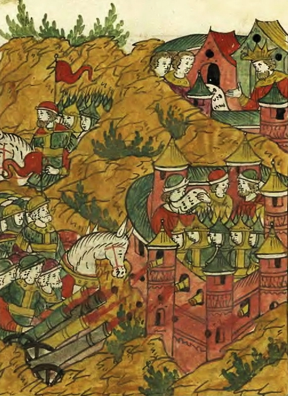 Осада Юрьева ливонцами. Миниатюра из Лицевого летописного свода