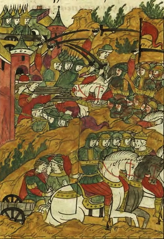 Вылазка русских из осаждённого Юрьева. Миниатюра из Лицевого летописного свода