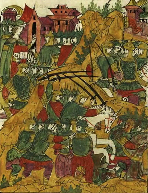 Отступление ливонцев от Юрьева и преследование их русскими. Миниатюра из Лицевого летописного свода