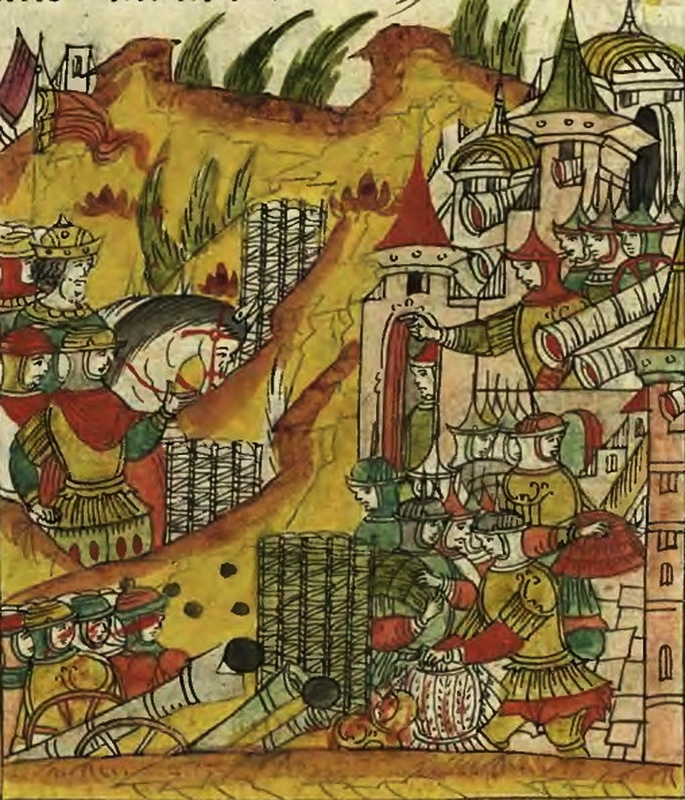 Осада ливонцами Лаиса. Миниатюра из Лицевого летописного свода