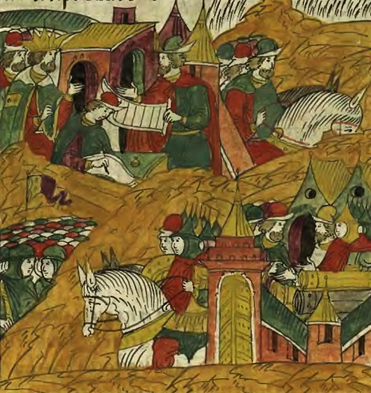 Выступление русской рати на помощь Юрьеву. Миниатюра из Лицевого летописного свода