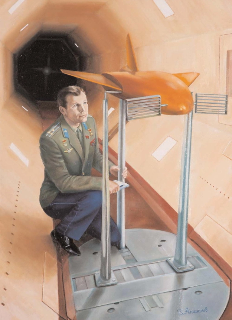 Лётчик-космонавт Ю. А. Гагарин в аэродинамической трубе Т-1 с моделью космического летательного аппарата «ЮГ» («Буран-68»); картина художника В. Апаринова. Иллюстрация из книги В. Лукашевича и И. Афанасьева «Космические крылья» (2009).