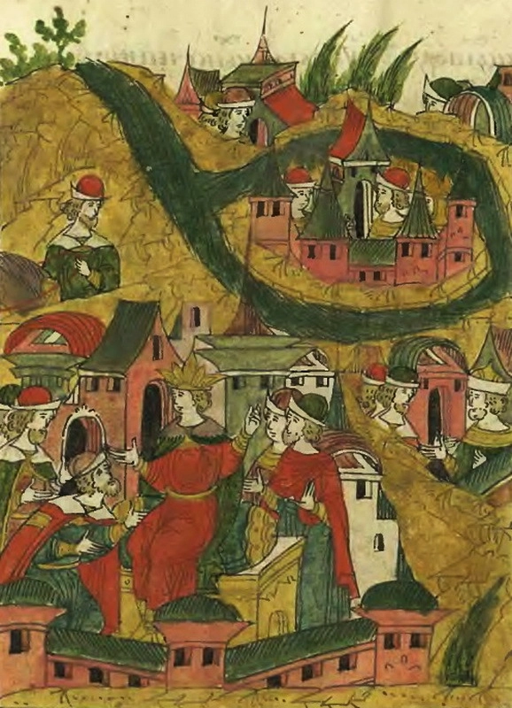 Князь Вишневецкий ставит город на Хортице и посылает гонца к Ивану Грозному. Лицевой летописный свод, т. 22