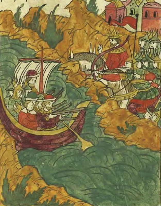 Ратники Адашева отбивают атаки татар на Днепре. Лицевой летописный свод, том 23