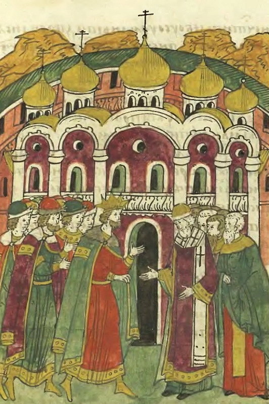 Иван Грозный в Москве на молебне по случаю побед Адашева. Лицевой летописный свод, том 23