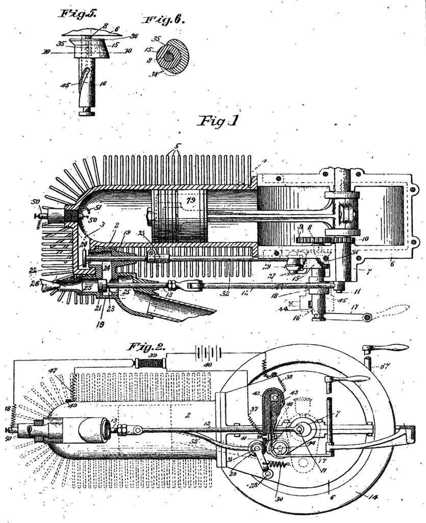 Патент на двигатель Гарри Нокса. Подобные, горизонтально расположенные моторы стояли на ранних машинах Knox Automobile Company