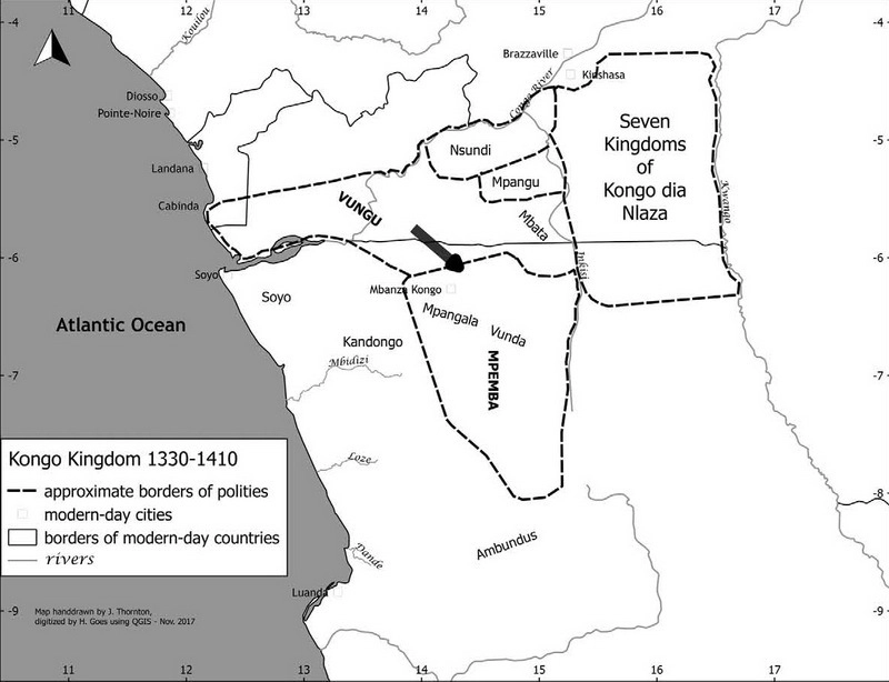 Приблизительные границы государства Лукени, около 1330-1410 годов. Источник: Thornton, J.K. The Origins of Kongo: A Revised Vision / J.K.Thornton // Kongo Kingdom: The Origins, Dynamics and Cosmopolitan Culture of an African Polity / Ed. by K. Bostoen, I. Brinkman. — Cambridge, 2018. — P. 37, fig. 1.1a