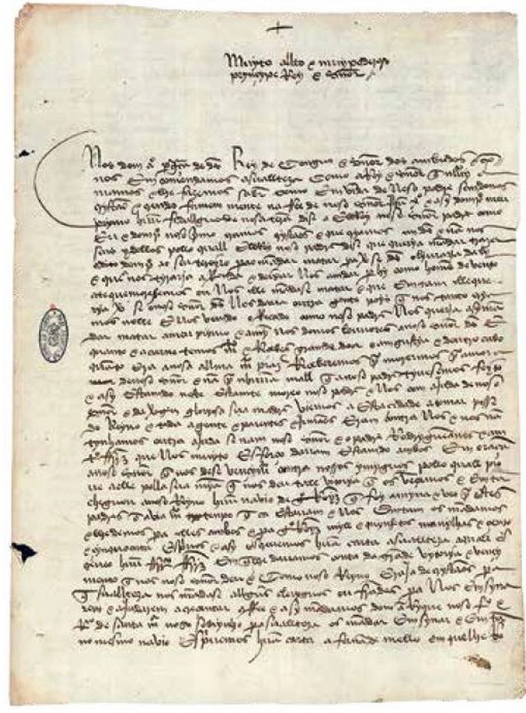 Письмо Аффонсу I португальскому королю Мануэлю I с сообщением о сожжении Большого дома идолов, 5 октября 1515 года. Источник: Kongo: Power and Majesty. Catalogue of the Metropolitan Museum of Art. — N.-Y., 2015. — P. 94