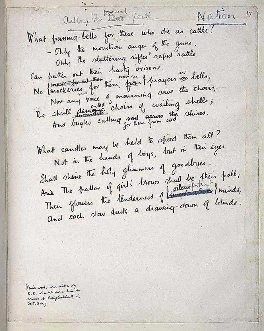 Рукопись стихотворения «Отпевание обречённой юности» с правками Зигфрида Сассуна, октябрь 1917 года poets.org