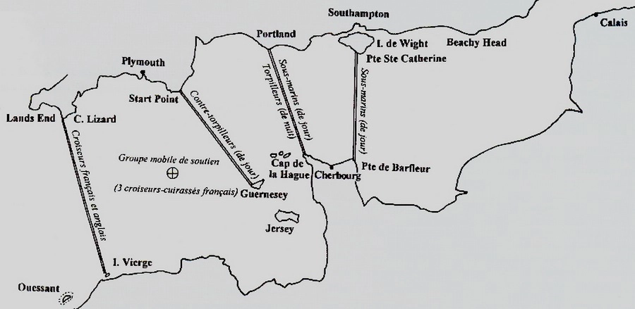 Расположение линий дозоров французских подводных лодок в Ла-Манше в 1914 году Расположение линий дозоров французских подводных лодок в Ла-Манше в 1914 году