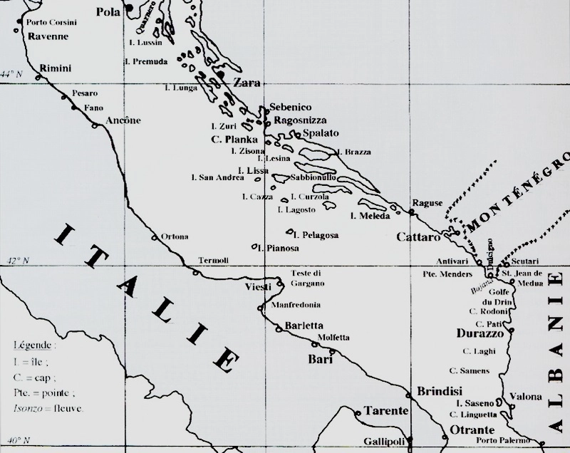 Адриатический театр военных действий. Далматинский архипелаг был основным местом базирования австрийских лёгких сил, через него проходили их основные прибрежные коммуникации. Для французских подводных лодок это были очень опасные воды Адриатический театр военных действий. Далматинский архипелаг был основным местом базирования австрийских лёгких сил, через него проходили их основные прибрежные коммуникации. Для французских подводных лодок это были очень опасные воды
