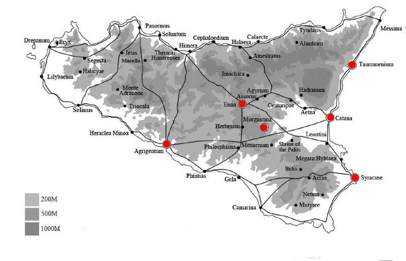 Ареал распространения первого рабского восстания на Сицилии. Красным отмечены города, захваченные повстанцами.