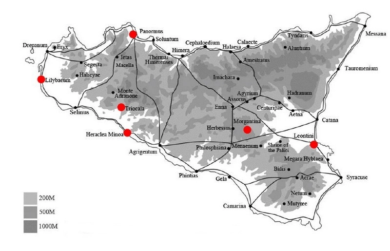 Ареал распространения второго рабского восстания на Сицилии. Красным отмечены города, захваченные повстанцами. 