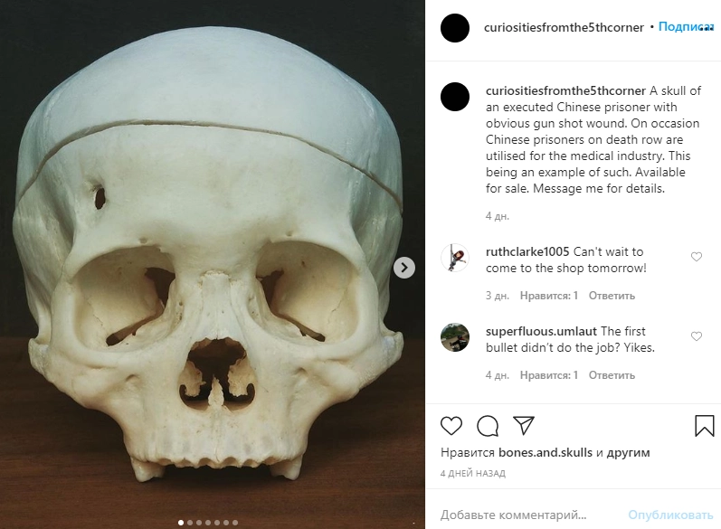 Один из британских торговцев останками в Instagram предлагает клиентам череп казненного преступника из Китая с пулевым отверстием.