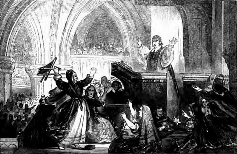 Дженни Геддес замахивается стульчиком на декана собора. commons.wikimedia.org
