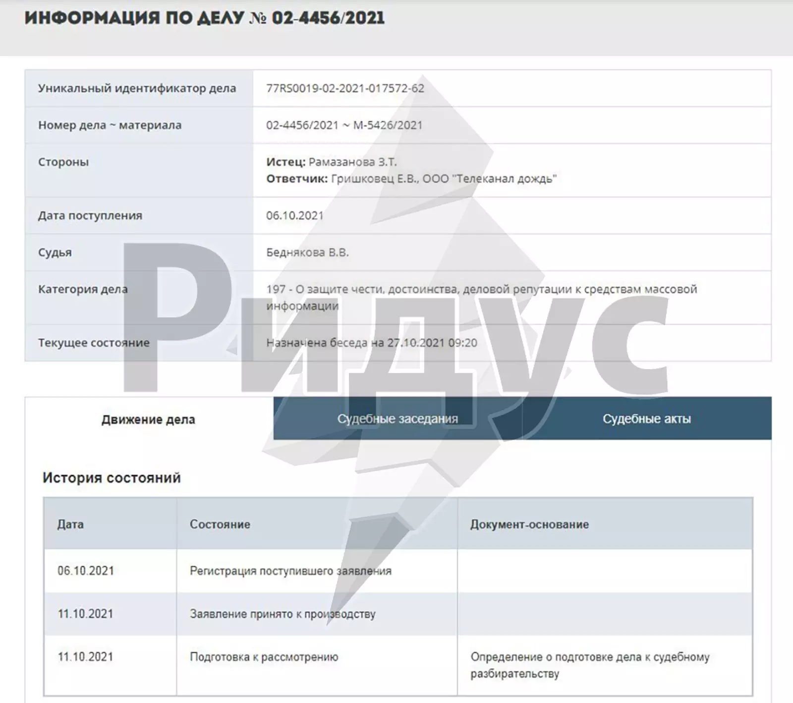 Карточка дела по иску Рамазановой против Гришковца Карточка дела по иску Рамазановой против Гришковца