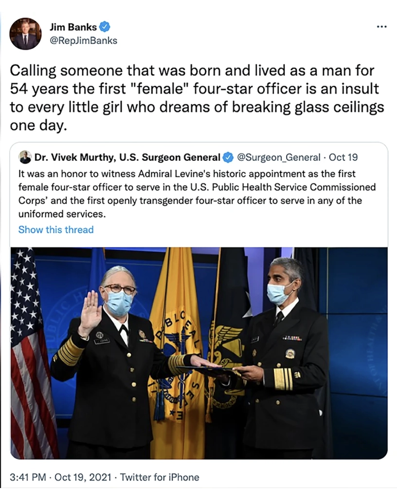 «Назвать человека, родившегося и прожившего 54 года мужчиной, первым« женским »четырехзвездным офицером - оскорбление для каждой маленькой девочки, мечтающей однажды разбить стеклянный потолок», - сказал Бэнкс в своем последующем твите во вторник.